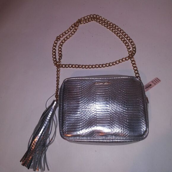 Victoria's Secret Handbags - Victoria Secret Purse Shoulder Bag Silver Snakeskin Print Gold Chain Metallic